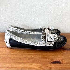 Sam Edelman Aurora black metallic silver studded white grey leather moccasins